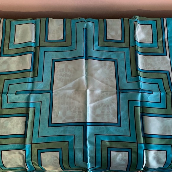 Vintage Paris Neckwear Silk Acetate Geometric Patterned Green and Blue Scarf - Picture 3 of 6